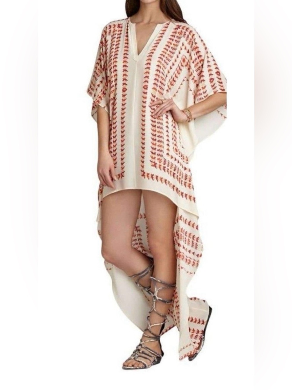 BCBGMaxAzria Ivory High-Low Dress with Red Embroidered Pattern